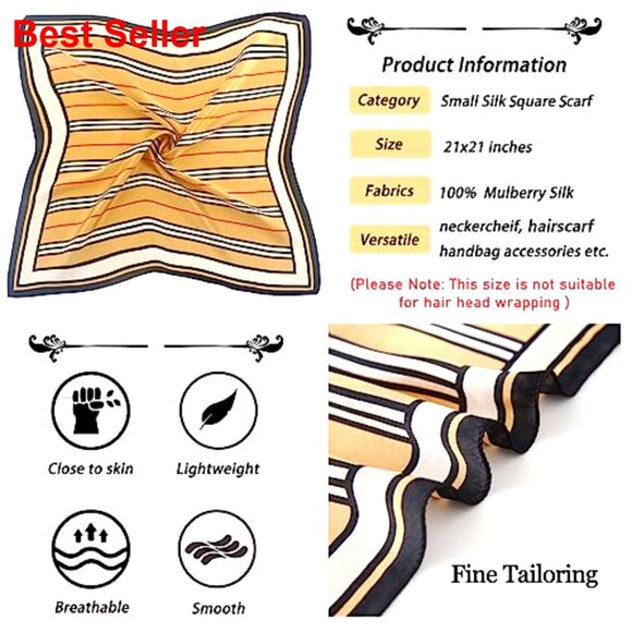 100% Mulberry Silk Scarf, 21x21 Square, Versatile Fashion Accessory - Picture 2 of 7